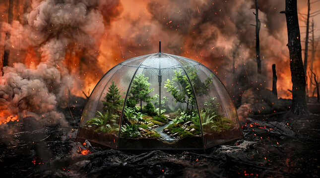 A miniature ecosystem thrives within a transparent dome, resembling an umbrella, as a devastating forest fire rages in the background.