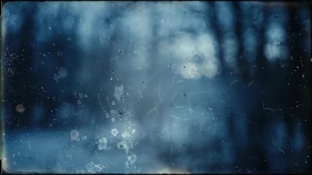 Aged 16mm film texture with chemical spotting and heavy grain with cold desaturated blue environment, cinematic visual effect for vintage cinematic no