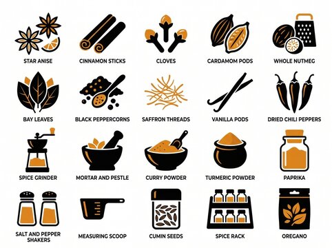 Arrangement of spices and seasonings in containers and whole forms for culinary use and cooking.