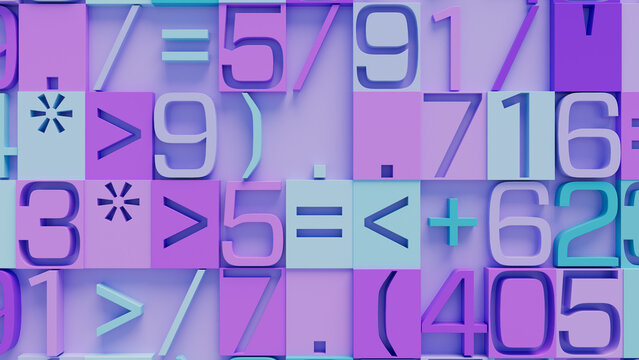 Vibrant Abstract Digital Artwork Featuring Geometric Shapes, Mathematical Symbols, and Numbers on a Purple and Light Blue Gradient Background for Educational and Creative Visuals