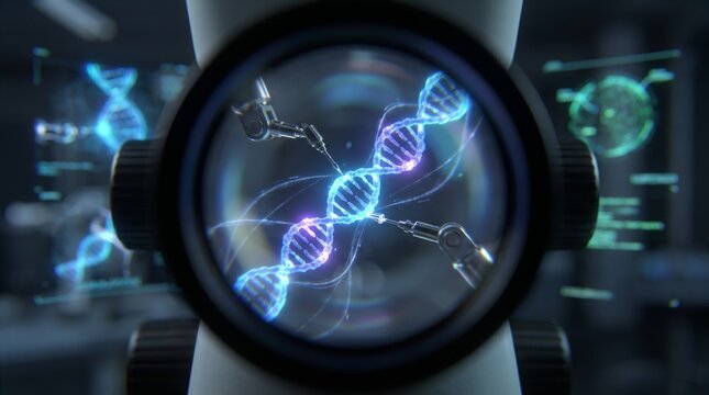 Microscope view of a holographic DNA strand with robotic arms manipulating it in a futuristic laboratory setting, symbolizing genetic engineering and scientific research
