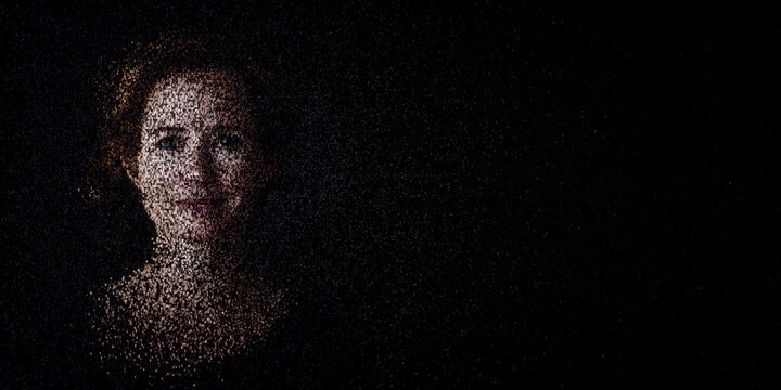 Digital ID Portrait of Woman with Face made up of Computer code. Identity fraud Concept with copy-space.