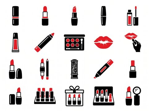 Assortment of makeup products like lipsticks, eyeshadows, and lip gloss shown as icons.
