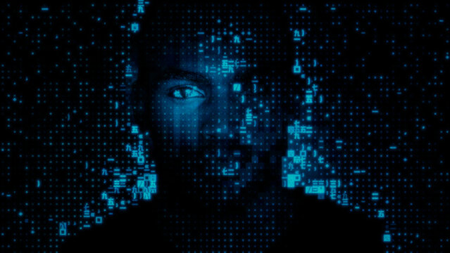 Male Face formed from Source Code, illustrating Biometric Authentication Concept.