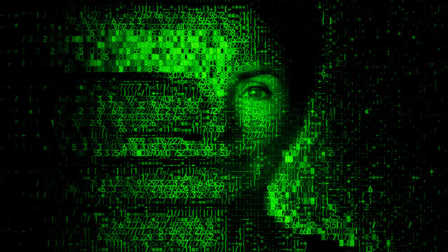 Human Face formed from Data Fragments. Digital Twin Concept.