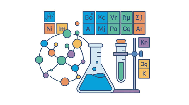 Scientific laboratory equipment with chemical beaker test tube and molecular structure model chemical experiment science icons scientific research science education laboratory glass science clas