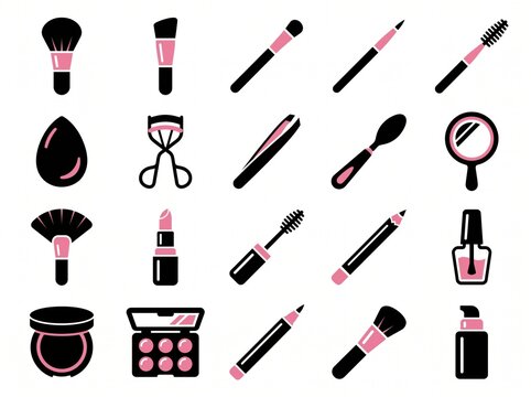 Beauty accessories and cosmetic products set featuring various makeup brushes, lipstick, nail polish, and mirror.