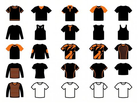 Black and orange t-shirt and apparel mockups for clothing design and sportswear concepts.