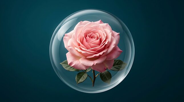 A beautiful delicate pink rose flower encased inside a transparent glass bubble sphere against a solid dark teal background, artistic floral concept