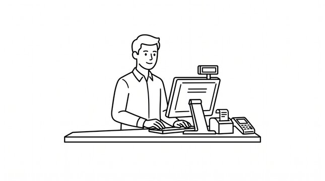 Minimalist black line art of a cashier operating a checkout terminal at a retail counter, clean outline vector icon, monochrome, simple workplace illustration, white background.