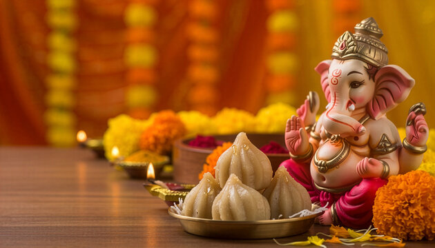 Festive pooja scene with a Lord Ganesha idol, marigold floral decorations, and a plate of sweet modak offerings. A complete, authentic setup for Ganesh Chaturthi cultural and holiday projects.