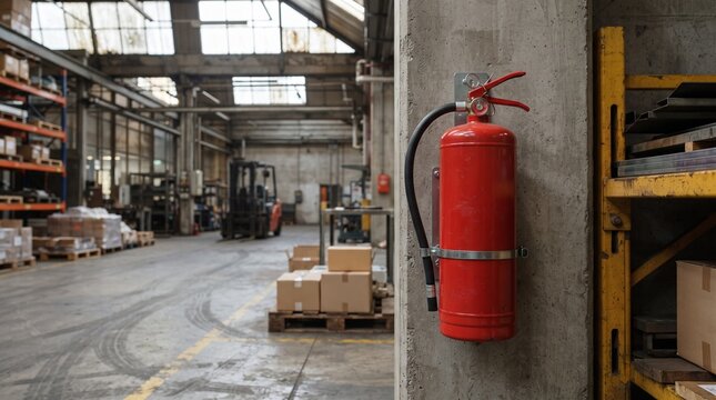 A red fire extinguisher is mounted on a concrete pillar in a warehouse.