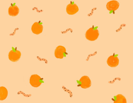 An orange background featuring an illustrated pattern of oranges and small caterpillars.