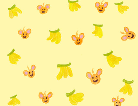 A background featuring a banana and monkey theme in a pastel or crayon illustration style, dominated by yellow and orange tones.