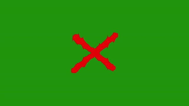 Red X-mark animation using luma key, green screen.