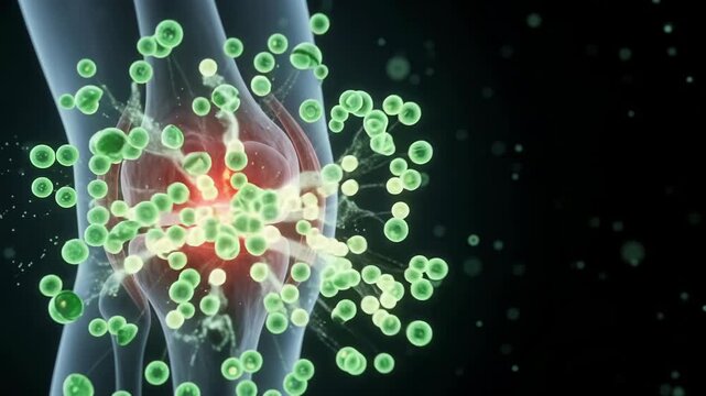 3D medical illustration video showing inflammation and pain in a human knee joint with microscopic particles.