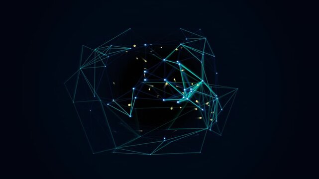 Abstract digital network connection with glowing nodes and lines forming a complex geometric structure on a dark background