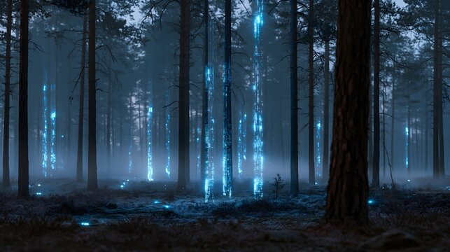Mystical dark pine forest illuminated by blue digital data streams rising from the ground depicting deep cyber infrastructure and cloud networks