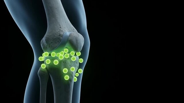 A medical 3D animation highlighting nerves and inflammation in a human knee joint.