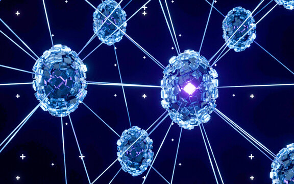 Digital neural network visualization with interconnected glowing nodes and technology background