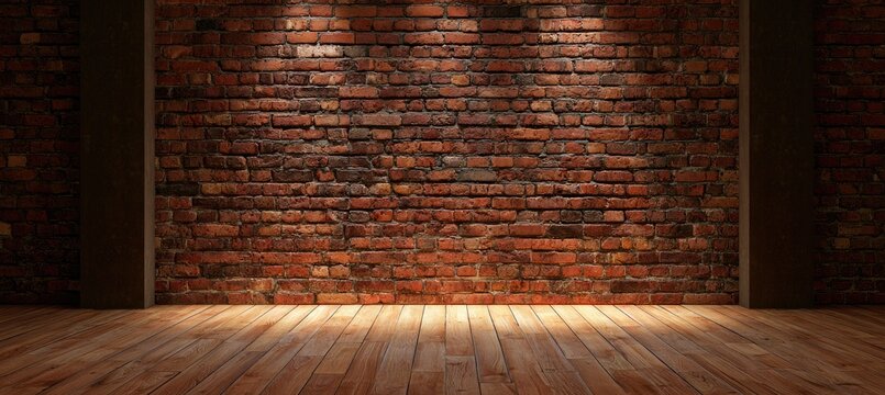 Empty stage with brick wall and wooden floor illuminated by spotlights.