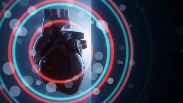 3D medical animation of a realistic human heart beating on a dark background with blue atmospheric lighting