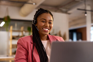Customer care black woman working in call center