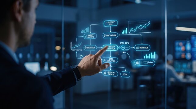 Businessman interacting with futuristic holographic interface displaying strategy execution flowchart, data analytics and KPI metrics, innovation and revenue growth visualization in modern office