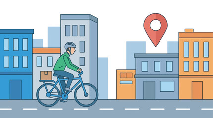 Obraz premium Delivery courier riding bicycle through city street with map location pin bike delivery food delivery courier service delivery package delivery man delivery logistics map marker city life