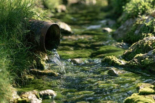 Rusty pipe discharging water into a lush green stream.