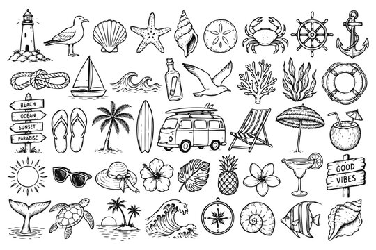 Beach vintage icon set. Hand drawn coastal, ocean, summer and tropical illustrations.