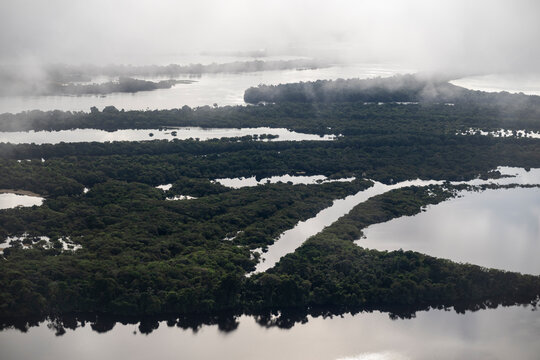 Beautiful aerial view to green amazon rainforest islands