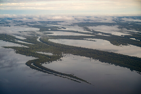 Beautiful aerial view to green amazon rainforest islands