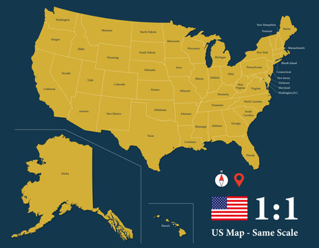 USA Map to True Scale with All 50 States, State Names, Alaska and Hawaii at 1 to 1 Ratio, US Flag, Compass, Gold Landforms, and Dark Navy Blue Background
