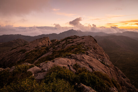 Beautiful sunset view to rocky mountains in Itatiaia Park