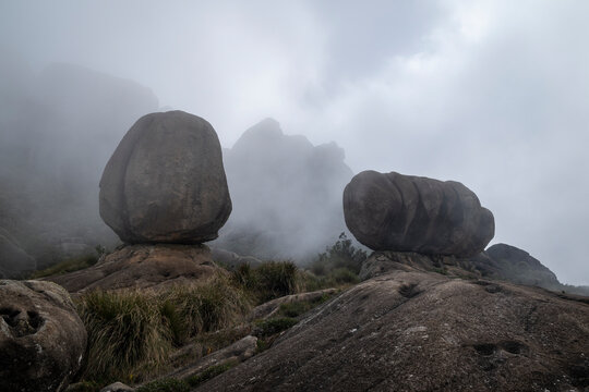 Beautiful rock formations in misty weather, Itatiaia Park