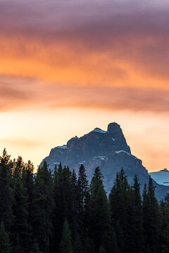Castle Mountain in Banff National Park during sunset in Canada