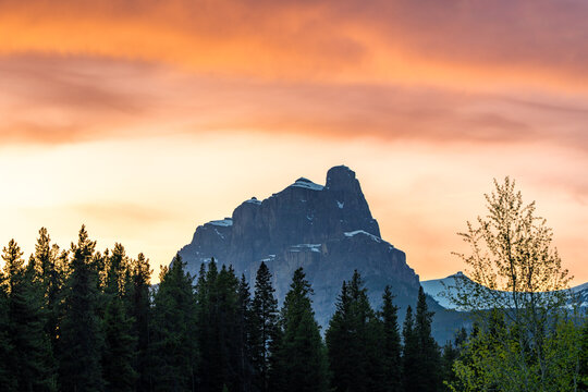 Castle Mountain in Banff National Park during sunset in Canada