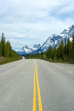 Icefields Parkway road winding through Banff National Park in Canada