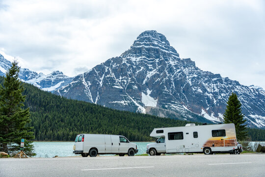 Camper van and motorhome traveling through Banff National Park