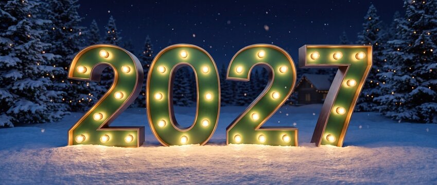 Illuminated 2027 marquee numbers standing in snow forest at night, new year celebration and winter holiday background concept.