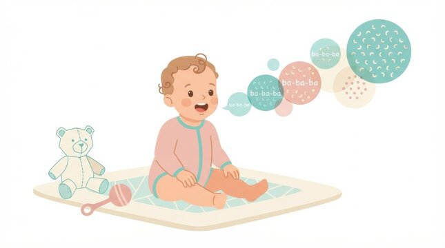 A baby sits happily on a blanket surrounded by colorful toys in a living room, making babbling sounds during playtime.