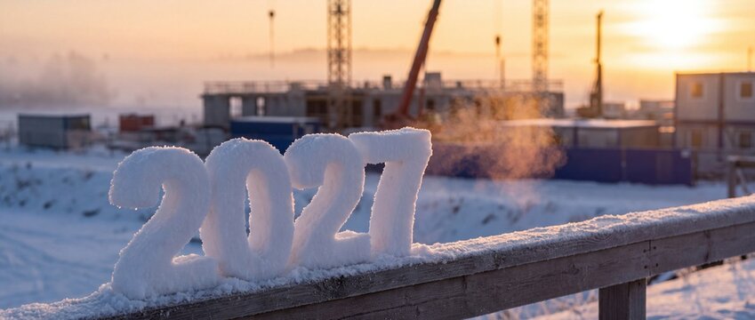 Snow numbers 2027 standing on wooden railing with construction site and sunrise background, winter season and new year architecture concept.