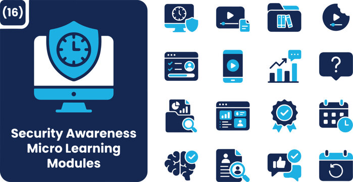 Cybersecurity Education and Security Awareness Micro Learning Vector Icon Set for Digital Training