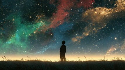 Fototapeta premium Silhouette of a child gazing at a vibrant, colorful nebula in the night sky.