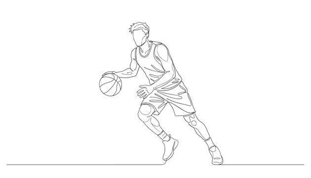 Minimalist continuous line drawing of an active basketball player dribbling the ball on a white background.