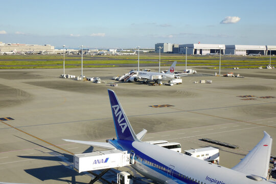 日本東京，2023年10月30日：国際羽田空港滑走路上のターミナル駐機旅客機状況模様。