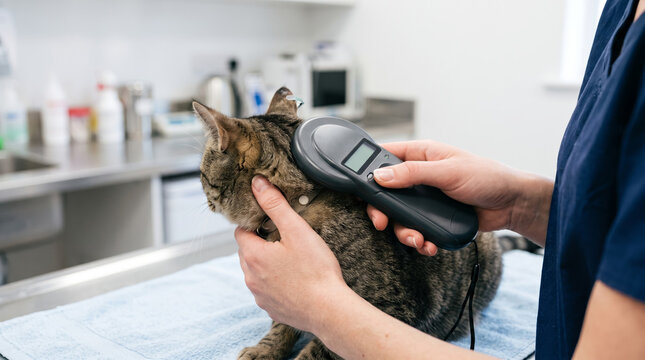 Veterinarian scanning domestic cat with electronic microchip reader at clinic