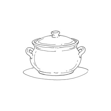 Cozy ceramic soup tureen line art drawing for home cooking blogs recipe books kitchenware branding and warm winter dining menu designs.