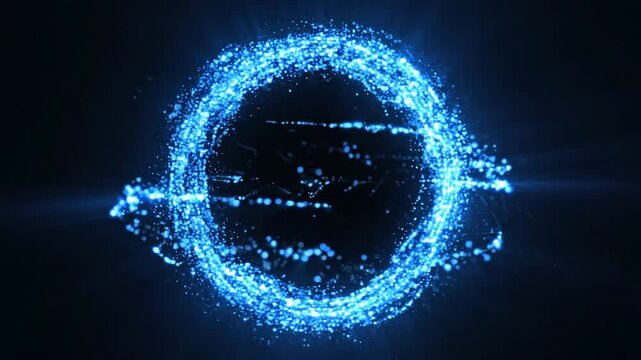 Glowing blue particle circle background. Futuristic energy ring sparkling dust light dots, abstract technology, sci-fi portal or digital wave effect modern visuals digital presentation effect backdrop